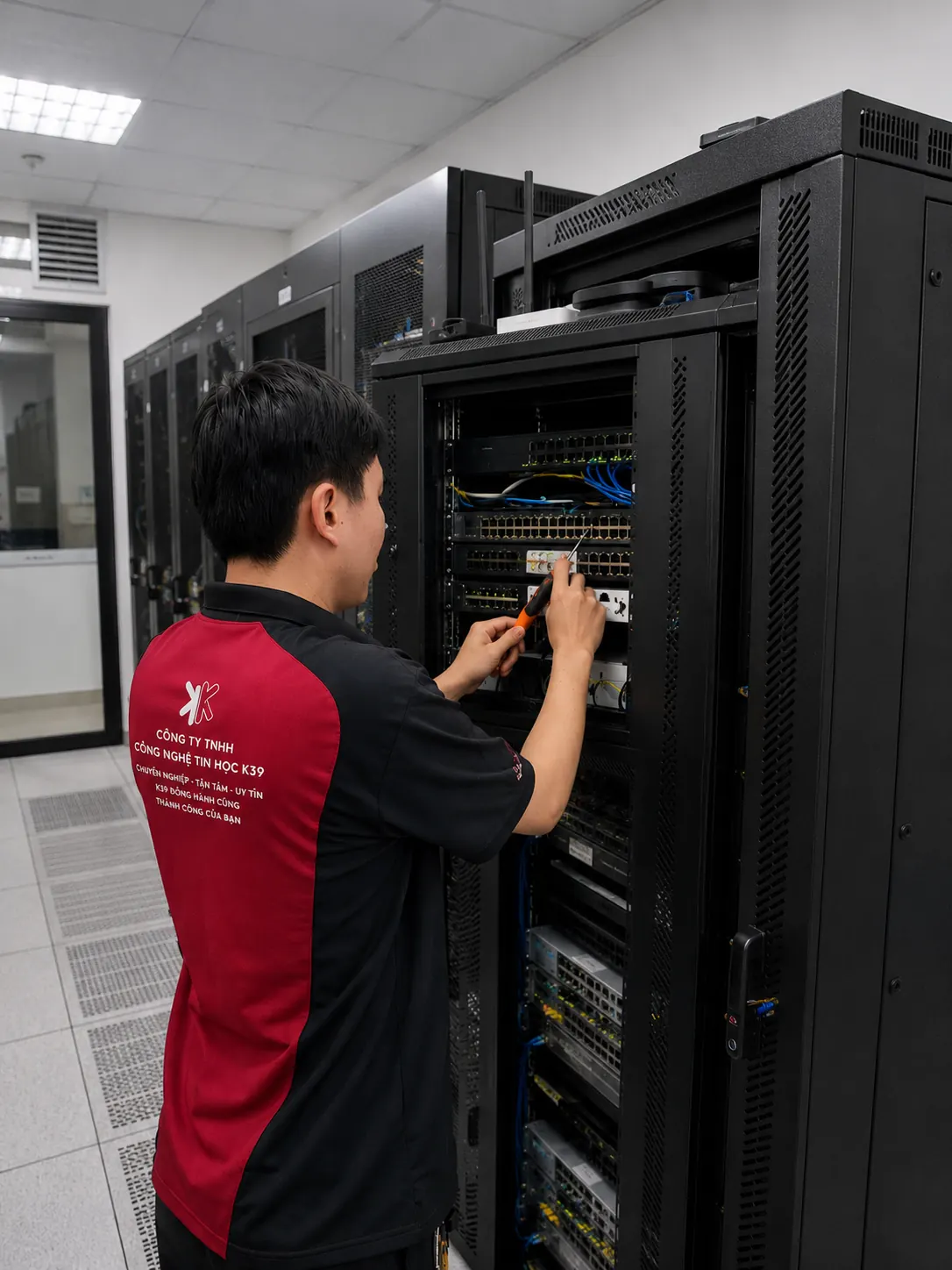 Kỹ thuật viên K39 đấu nối tủ rack