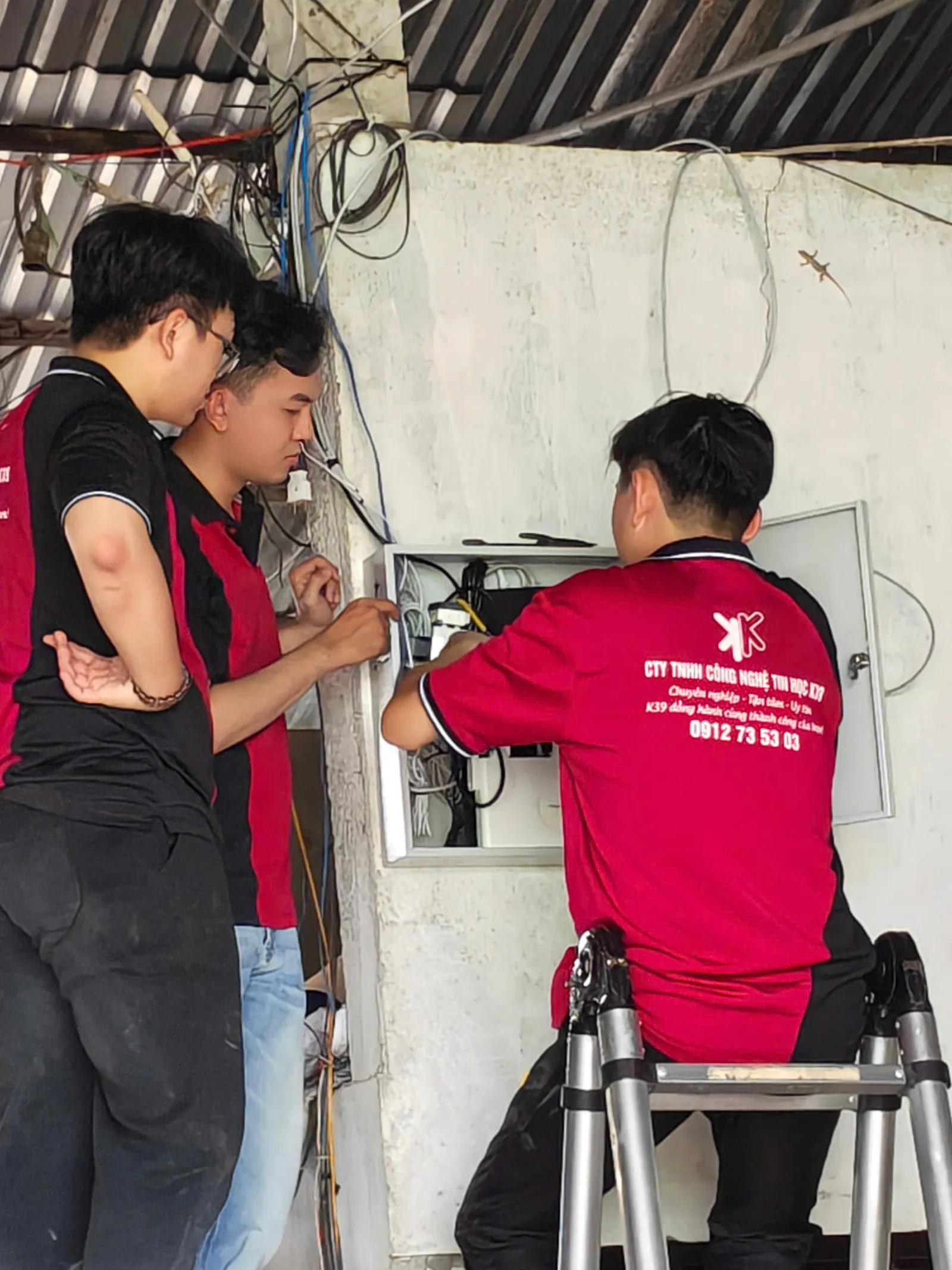 Ba kỹ thuật viên K39 đấu nối tủ mạng tại trang trại